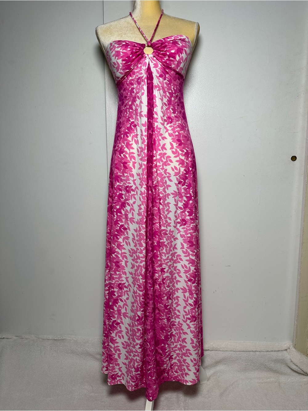 Maggy London Hot Pink & White Floral Maxi Dress - Size 6 - Halter Neck